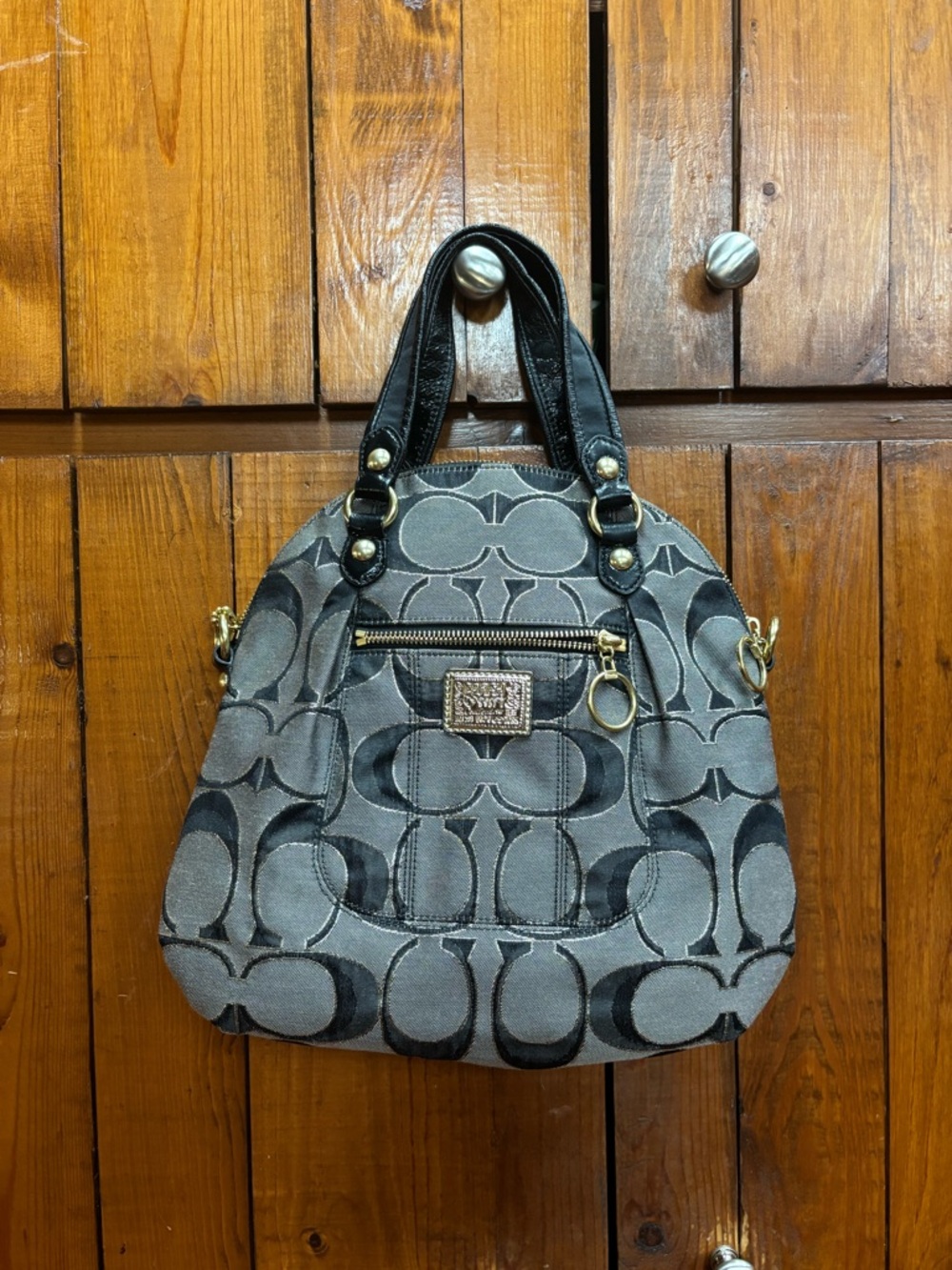 Coach Gray Signature Shoulder Bag with Black Handles